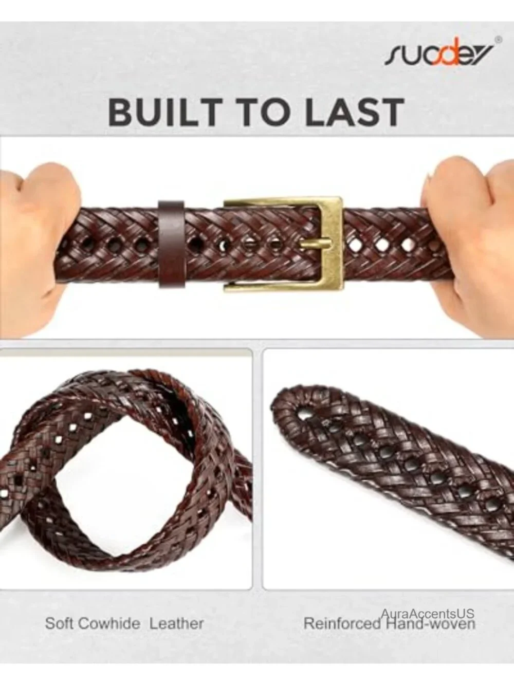 Braided Genuine Leather Belt for Men Adjustable Casual Woven Belt for Jeans